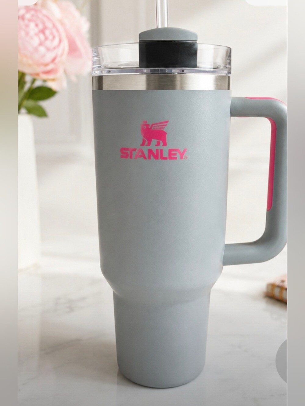 Stanley Quencher 40 oz Gray Pink Handle Tumbler with Straw & Lid